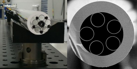 Left: Stacked preform of approx. 1 m length and 25 mm outer diameter. The five hollow capillaries extend over the entire preform, the black-marked support structures only over approx. 15 cm at each end. Only the portions of the preform without the support structures are drawn into a fiber. Right: SEM image of a hollow core fiber with 226 µm outer diameter.