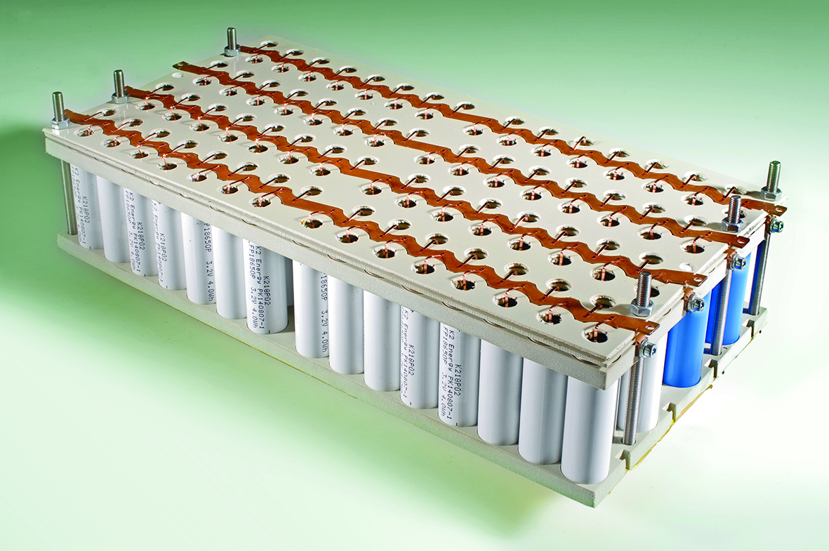 Batteriemodul aus 18650-Batteriezellen kontaktiert mittels Laserstrahlmikroschweißen. Dieses Modul entstand in Zusammenarbeit mit dem Fraunhofer-Institut für Betriebsfestigkeit und Systemzuverlässigkeit LBF in Darmstadt im Rahmen des Projekts evTrailer.