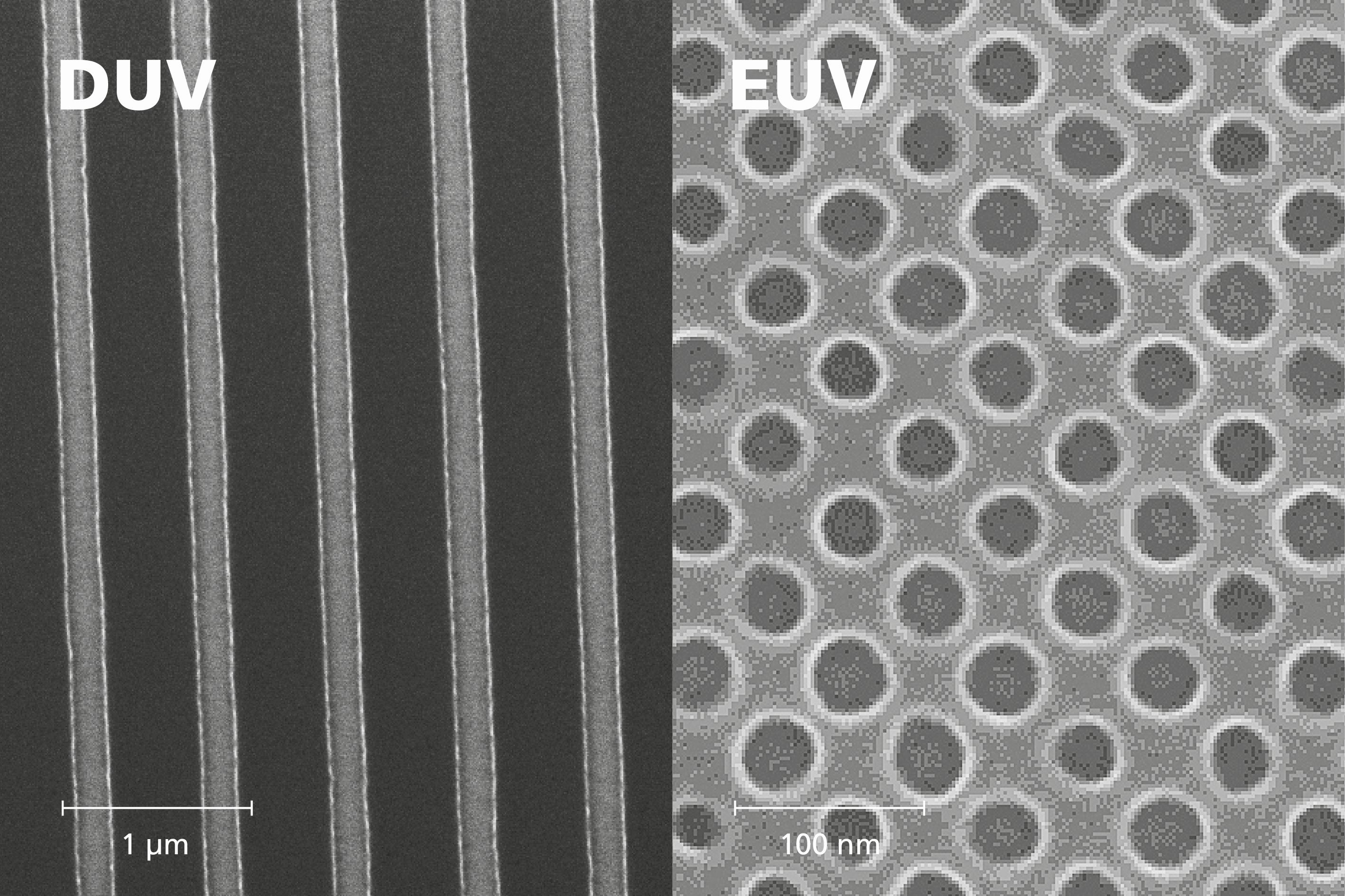 Nanostrukturen mit 300 nm (links, DUV) und 28 nm (rechts, EUV) half-pitch (HP), generiert mit laborbasierter EUV-Quelle.