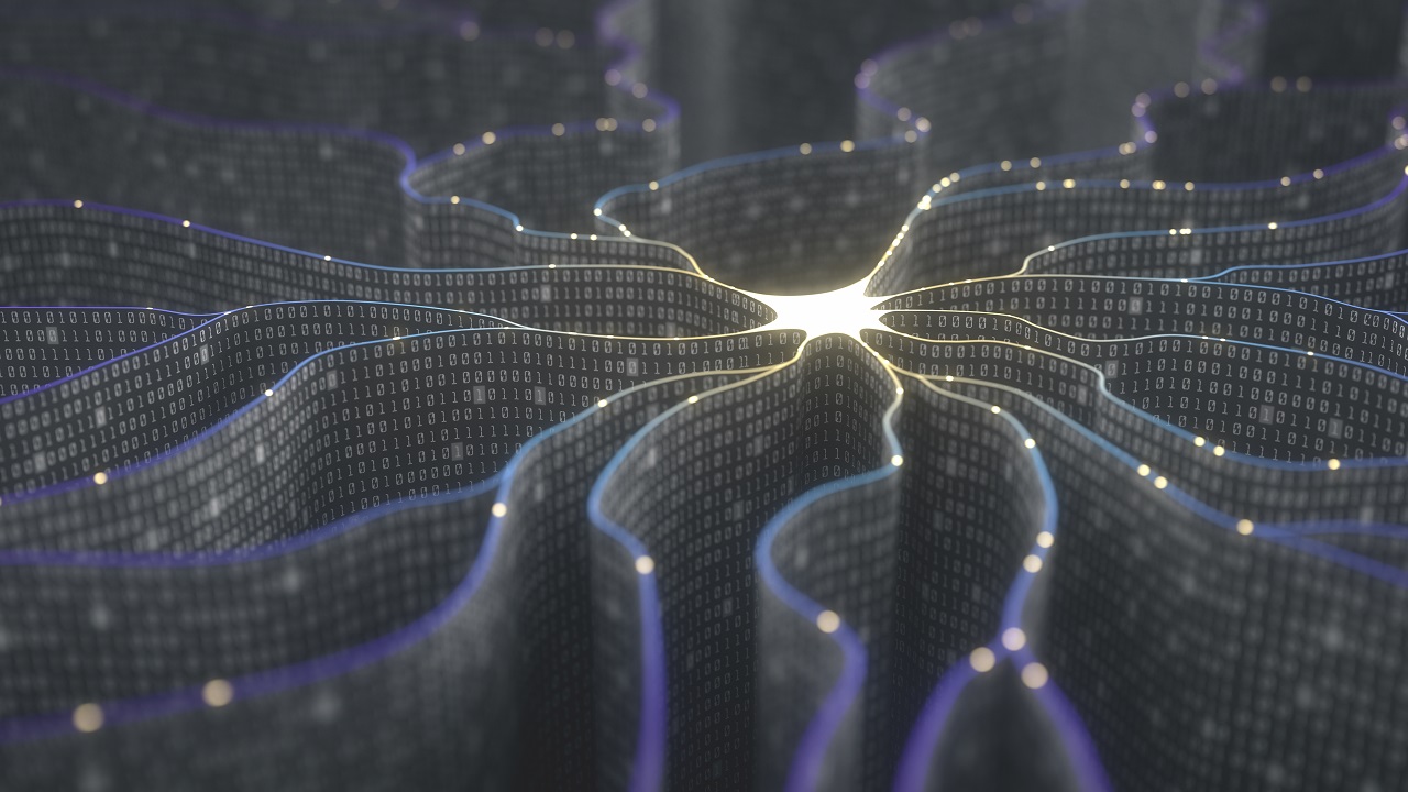 Künstlerische Darstellung für einen Knoten in einem künstlichen neuronalen Netz, in dem Daten verarbeitet werden.