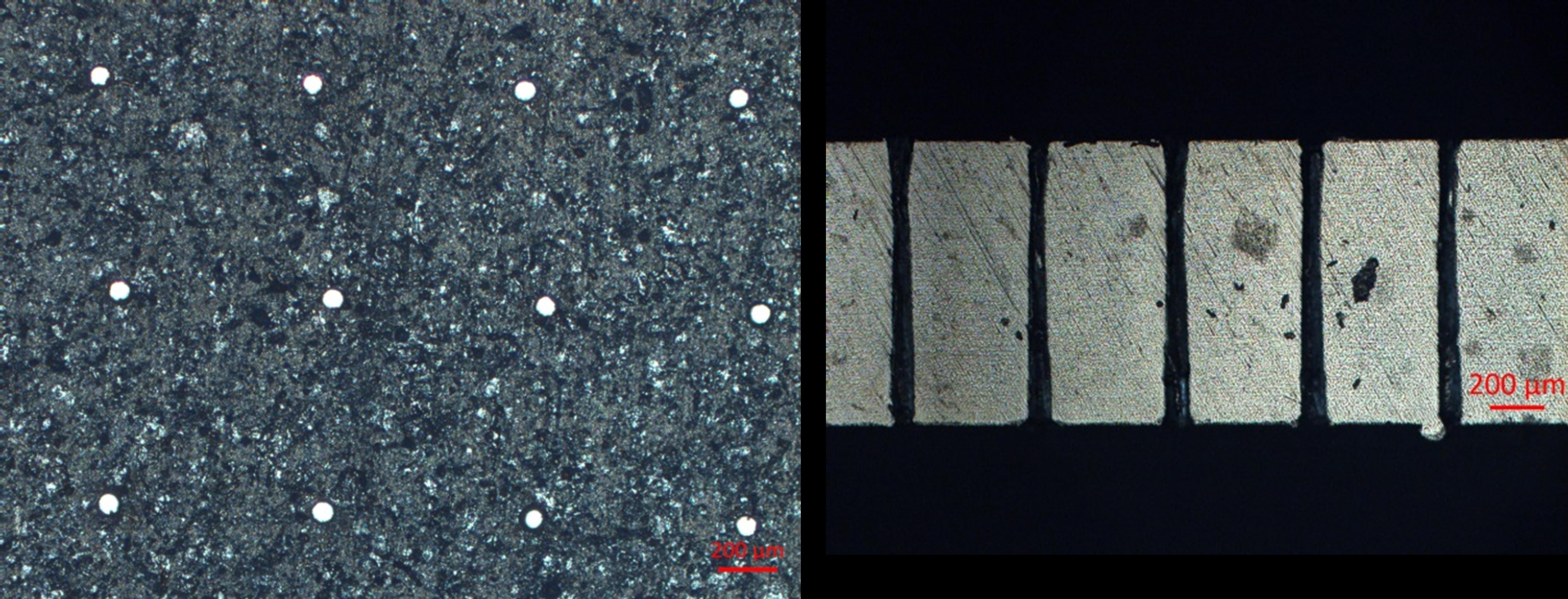 View of the micro bores with transmitted light (left) and longitudinal section of the bores (right).