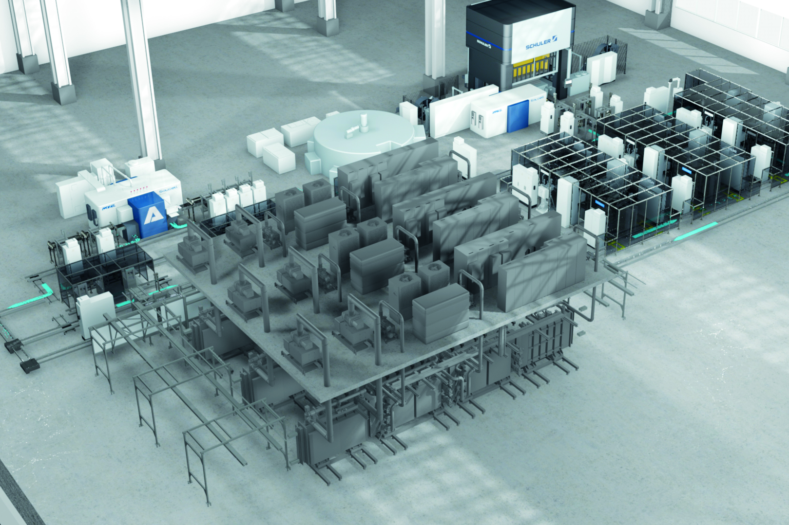 Turnkey to the stack: Schuler, Thyssenkrupp Automation Engineering, and Andritz Soutec supply the complete turnkey process chain (the picture shows the layout of a typical line) for the annual production of up to 50,000 fuel cells.  