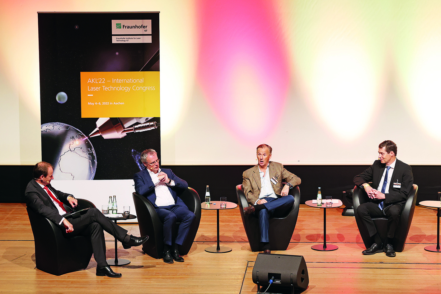 Panel discussion “Beam source development – quo vadis?” at AKL'22. From left to right: Prof. Constantin Häfner (Fraunhofer ILT), Dr. Christian Schmitz (TRUMPF), Dr. Mark Sobey (Coherent) and Volker Krause (Laserline).